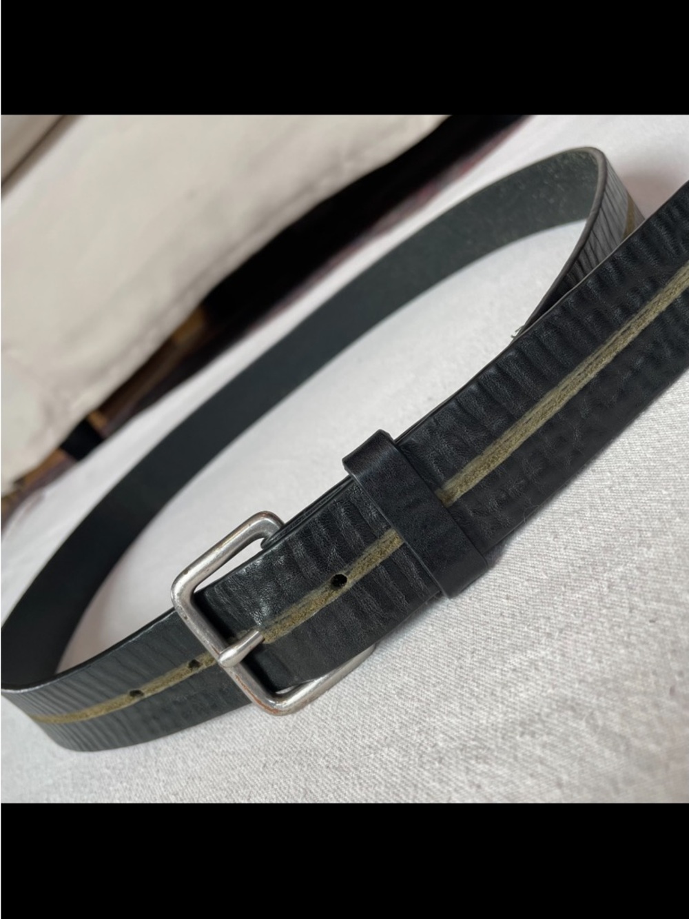 Skived Leather Belt in Black with Silver Buckle 45” long